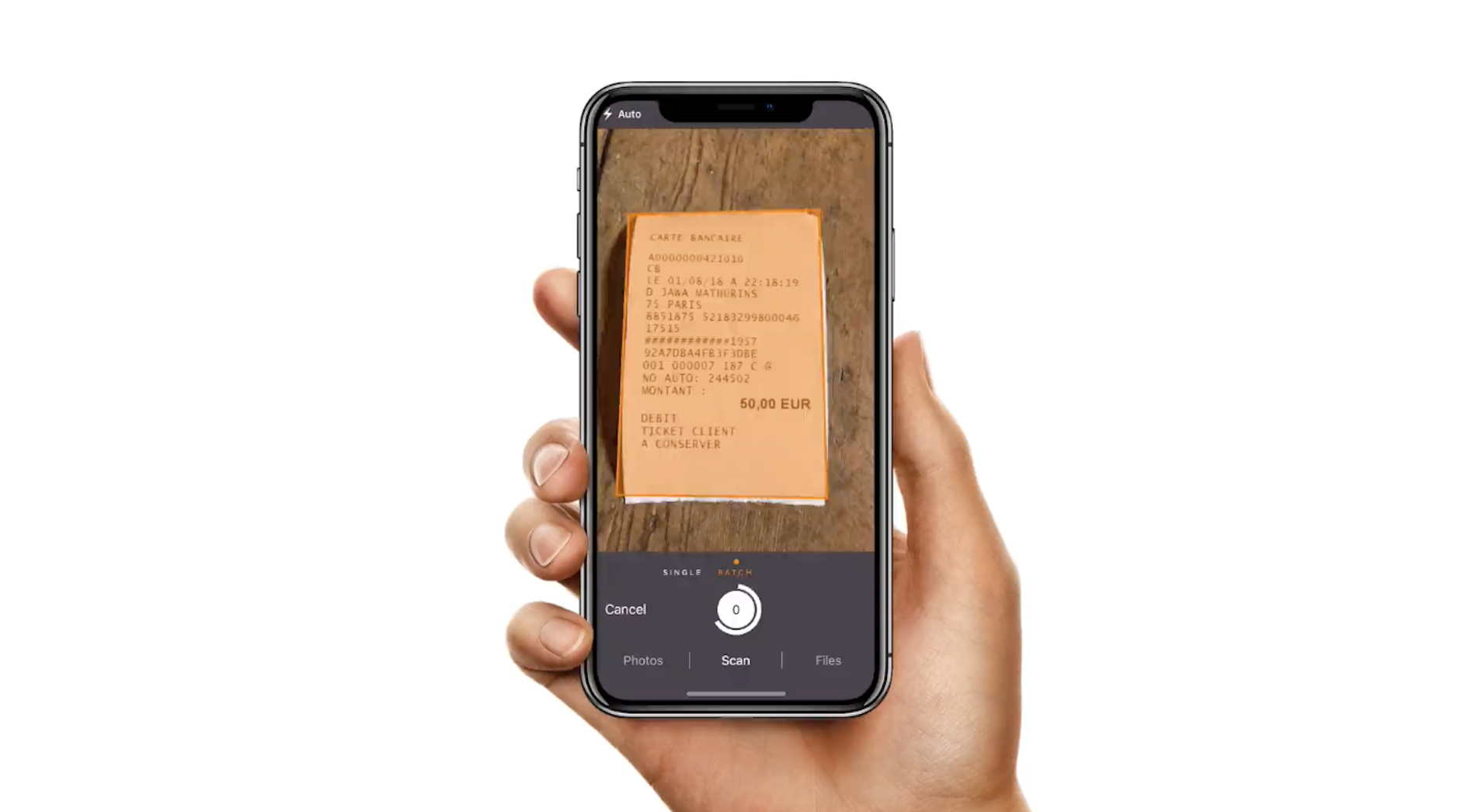 hand holding a smartphone to scan a document with Genius Scan